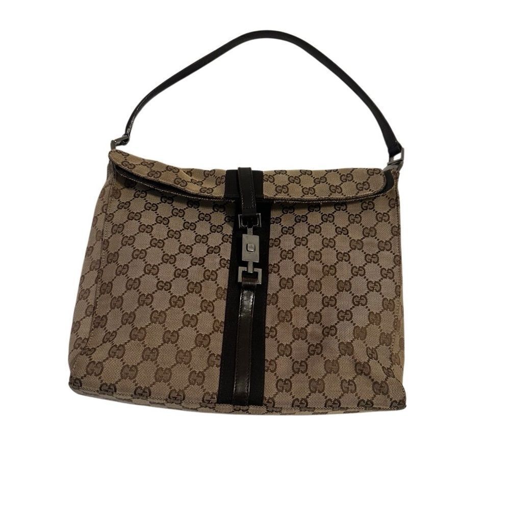 Gucci Beige And Black Monogram Jackie Piston Lock Shoulder Bag